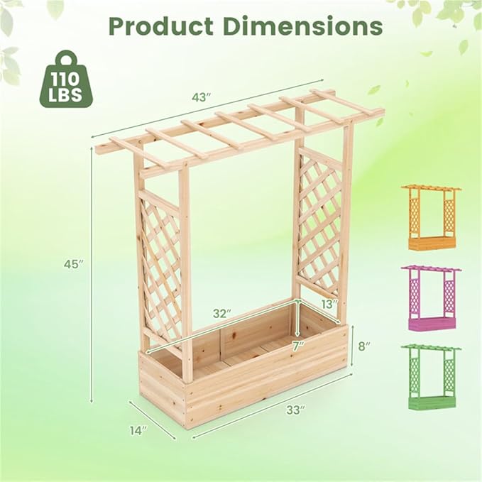 Fir Wood Raised Garden Bed with Side Trellis 109.22×35.56×114.30 cm Planter Box with Drainage Holes-Natural