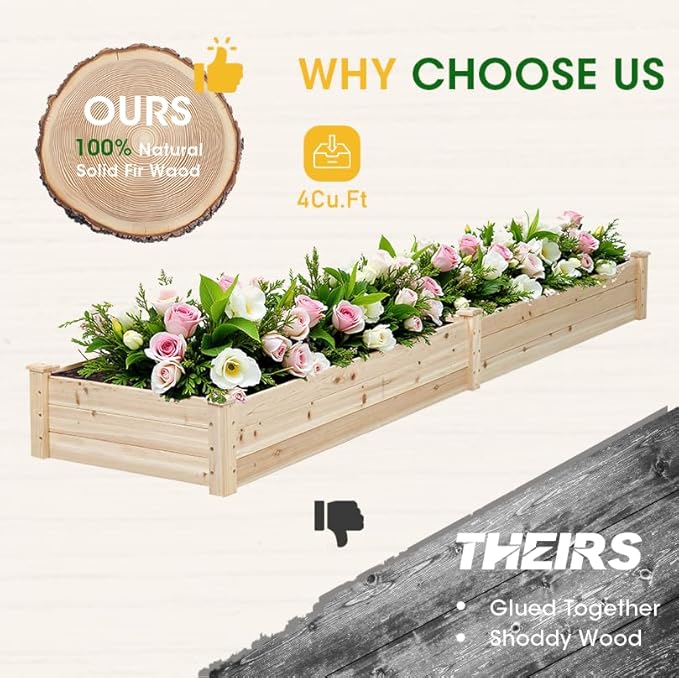 SUNCROWN 8x2ft Wooden Raised Garden Bed Planter Box for Vegetables and Flowers in Backyard/Patio/Outdoor Gardening with Open Base Natural 96 x 24 x 10in