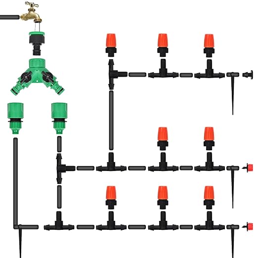 HOINCO 131FT Drip Irrigation System Kit 149 Pcs Automatic Irrigation Kit System Patio Misting Plant Watering System with 1/4 Inch Distribution Tubing Hose.