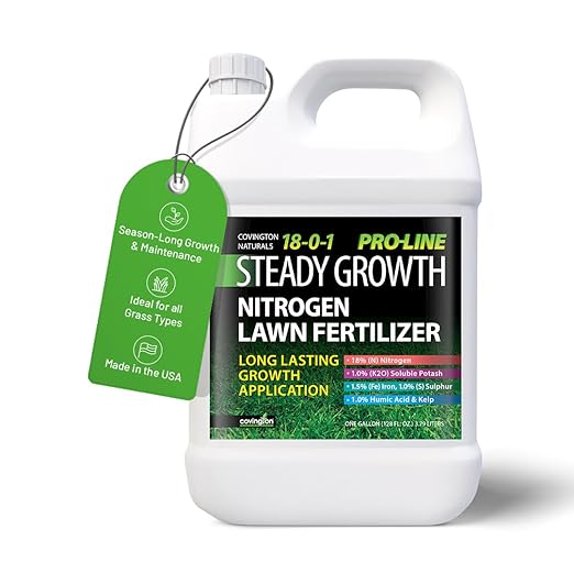 Covington ProLine 18-0-1 NPK Liquid Slow Release Lawn Fertilizer (1 Gal) – High Nitrogen Lawn Food for All Grass Types – Supports Steady Growth &amp Maintenance – Deep Green Turf Builder Concentrate