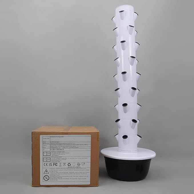 DYRABREST 9-Tier Hydroponic Growing Tower 36 Holes Indoor Garden System with Water Pump Timer Vertical Hydroponics System for Herbs Vegetables Lettuce White Frame Black Tank