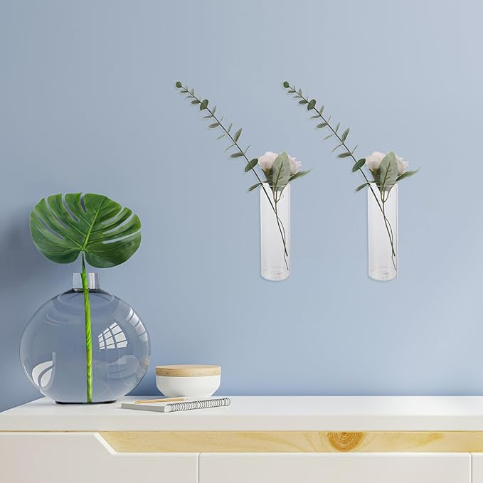 DOITOOL 4 Sets Wall Mounted Cylindrical Glass Vase with Hooks Transparent Hanging Flower Vase Decorative Wall Hydroponics Planter for Entryway Office