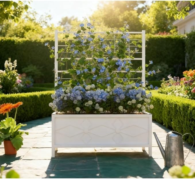 Galvanized Steel Raised Garden Bed with Trellis Support for Climbing Plants – Durable Outdoor Planter Box for Vegetables and Flowers (White + Steel)