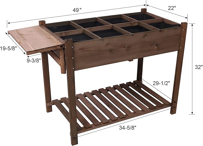 8 Pockets Horticulture Raised Garden Bed Elevated Wood Planter Box Stand with Foldable Side Table and Storage Shelf for Herb/Vegetables/Flowers Dark Brown Color