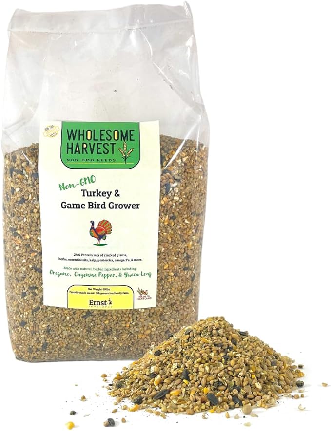 Non-GMO 10 lb Turkey Feed - Natural Peacock Game Bird &amp Bird Feed 24% High Protein Complete Food with Essential Oils Herbs Vitamins &amp Probiotics Formula for Healthy Flock Growth