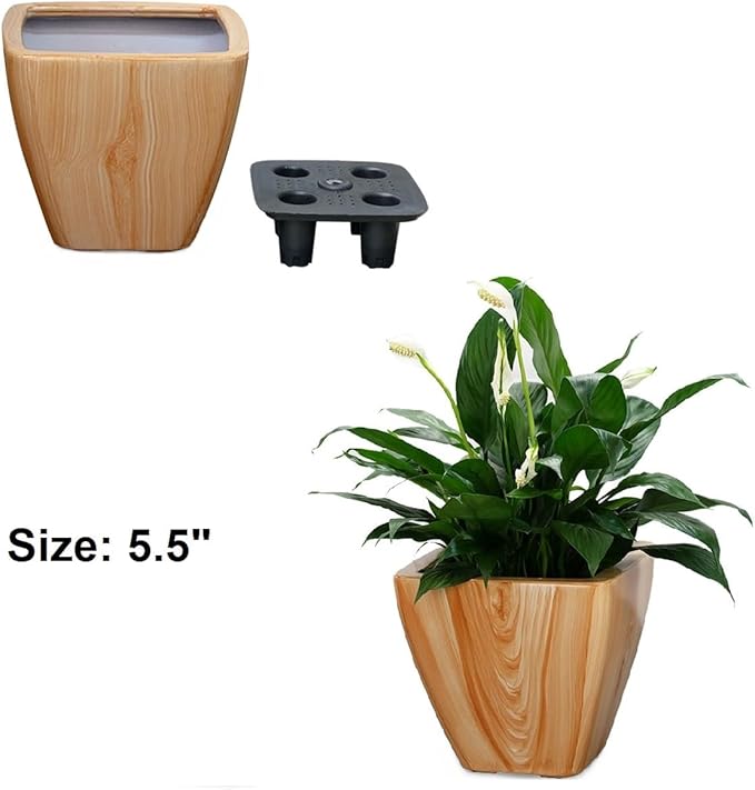 2 Pack Smart Self Watering Planter Pot for Indoor and Outdoor Light Wood Square Cone