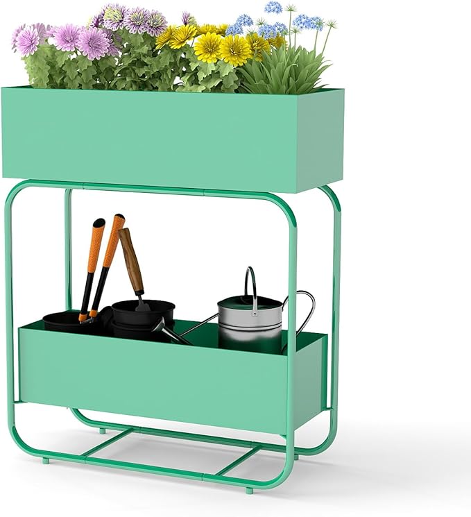kinbor 2 Tier Elevated Raised Garden Bed Outdoor - Set of 2 Durable Planter Boxes for Vegetables Flowers &amp Herbs (29” Tall Rust-Resistant Steel Green)