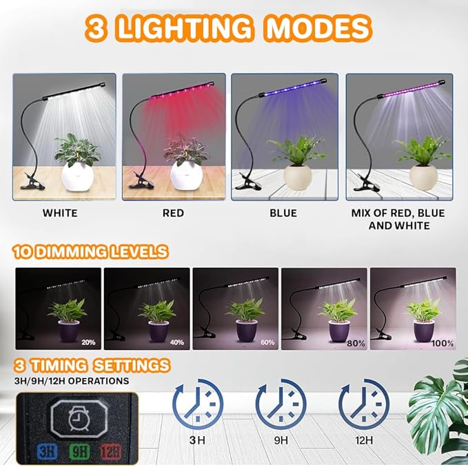 Grow Lights for indoor Plants full Spectrum 6000k with Timer Clip V-Stand &amp Tools Kit 3 Flexible Gooseneck Plant Grow Lights with Mist Bottle 3/9/12H Auto Timer 4 Switch Modes &amp10 Dimmabl