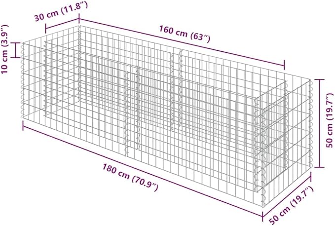 vidaXL Gabion Raised Bed Proof Galvanized Steel High Load Capacity Spacious Design Ideal for Garden and Patio Outer Dimensions - 70.9x19.7x19.7