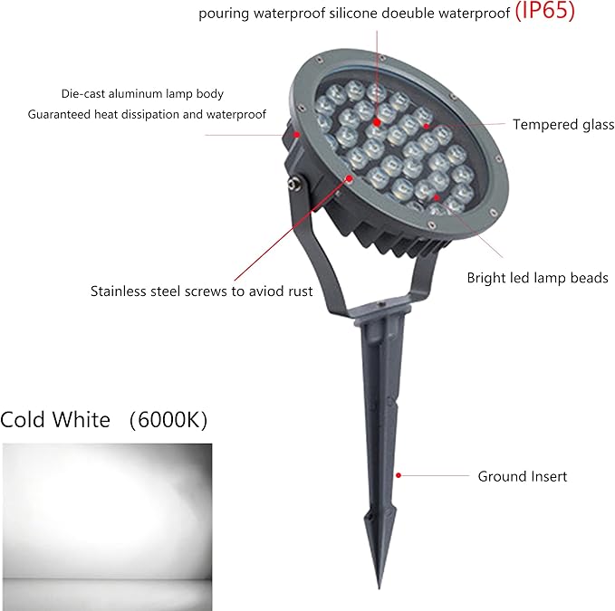 Outdoor LED Spotlight Waterproof Bright Outdoor Landscape Automatic Timer Mini Lawn Lamp 36W Graden Lights with Ground Stake Lawn Accent Lighting with Plug Courtyard Flag Light Cool White