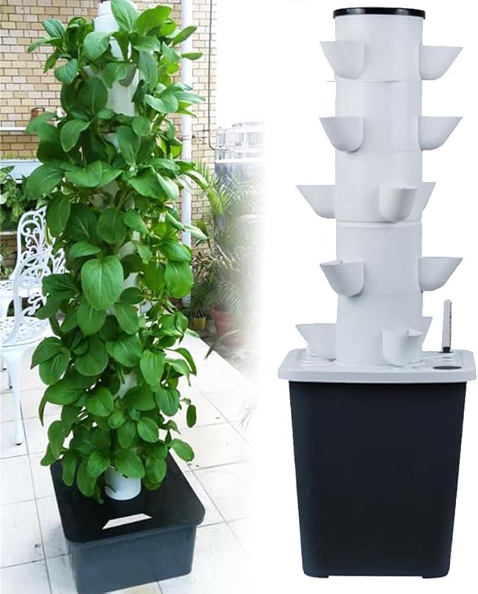 Hydroponics Tower Garden Hydroponic Growing System Aeroponics Growing Kit for Herbs Fruits and Vegetables with Hydrating Pump Adapter Net Pots Timer for Fruits Vegetables and Herbs ( 25holes)
