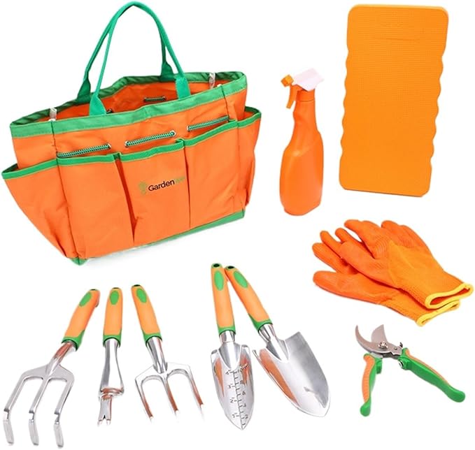 Garden Tool Set 10 Pieces Orange Heavy Duty Aluminum Hand Tools with Storage Bag Pruning Tools Shovel rake Gift for Men Women