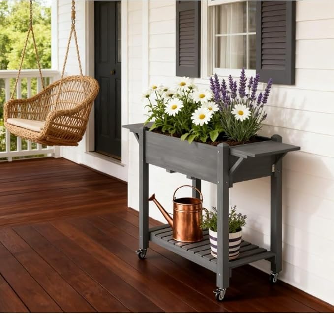 Sturdy Wooden Raised Garden Bed with Lockable Casters Built-in Side Shelves and Drainage System for Easy Urban Gardening (Grey + Wood)