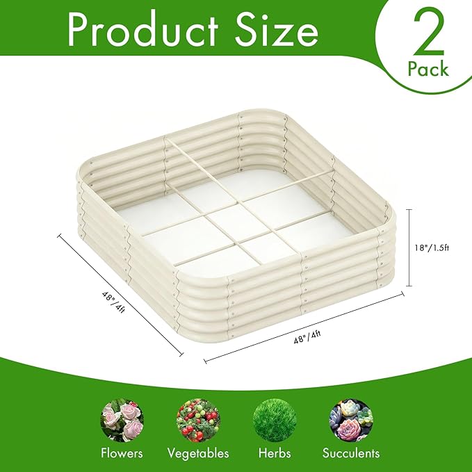 2-Pack 4x1.5ft Galvanized Raised Garden Bed Outdoor Planter Bed Metal Planter Box for Gardening and PlantingMilk White
