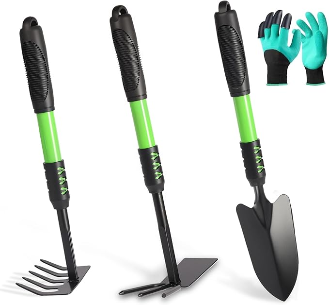 Garden Tool Set 4 Pack Gardening Tools Stainless Steel Heavy Duty Hand Cultivator Hoes Shovel for Planting Weeding Digging Gardening Gifts for Women Green