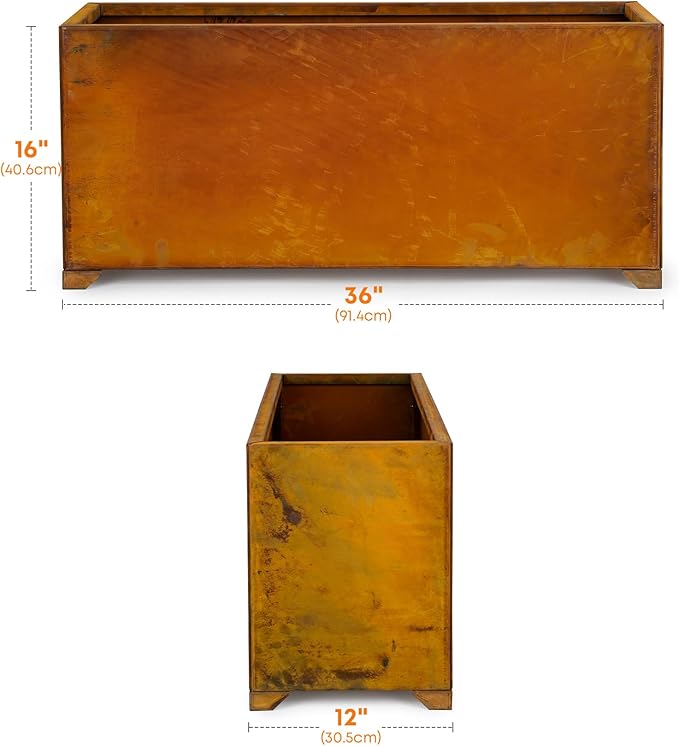 Stanbroil Corten Steel Planter Box for Outdoor Patio - 36 X12 X16 Inch Large Rectangular Metal Planter Box with Natural Rusty and Drainage Holes for Raising Flower Plants