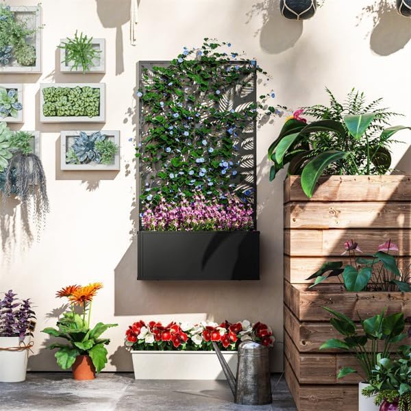 Metal Raised Garden Bed with Trellis Galvanized Planter Metal Planter Box with Trellis 24 L x 9.1 W x 44.5 H (Leaves)
