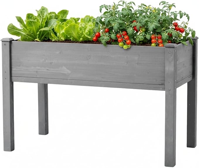 48x24x30In Raised Garden Bed with Legs – Wooden Planter Box with Bed Liner for Outdoor Flowers Vegetable Herb FruitErgonomic HeightPet &amp Animal Proof Plant stand for Backyard Patio Balcony Grey