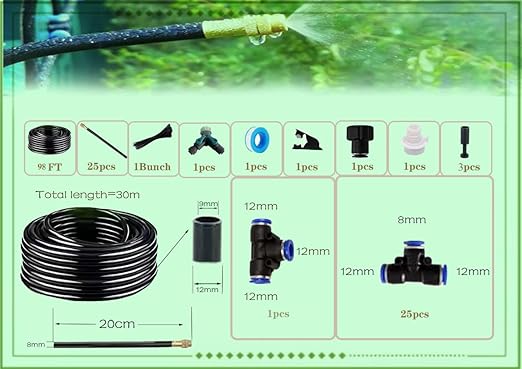 New drip Irrigation kit Automatic Garden Watering System Quick Connector and 360-degree Bending Dropper atomizing Copper Nozzle Garden Plant Lawn Courtyard Watering System. (100FT)