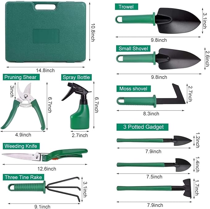 Garden Tools Set 10 PCS Garden Planting Tools Kit Stainless Steel Garden Tool Set Kit with Green Carrying Case &amp Ergonomic Handle for Weeding Loosening Soil Watering