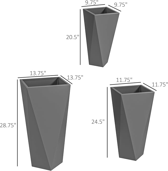 Set of 3 Tall 28.75 24.5 20.5 Indoor Outdoor with Drainage Holes Stackable Flower Pots for Garden Patio Balcony Front Door Gray