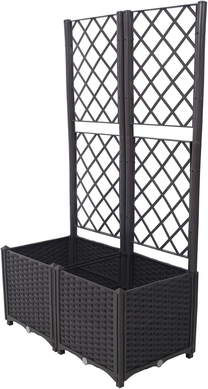 Dawn Poly Rattan Brown Trellis Raised Bed with Drainage Plug - 2 Removable Pots with Large Flower Boxes - Built-in Support for Climbing Plants - Outdoor Patio Garden Decoration