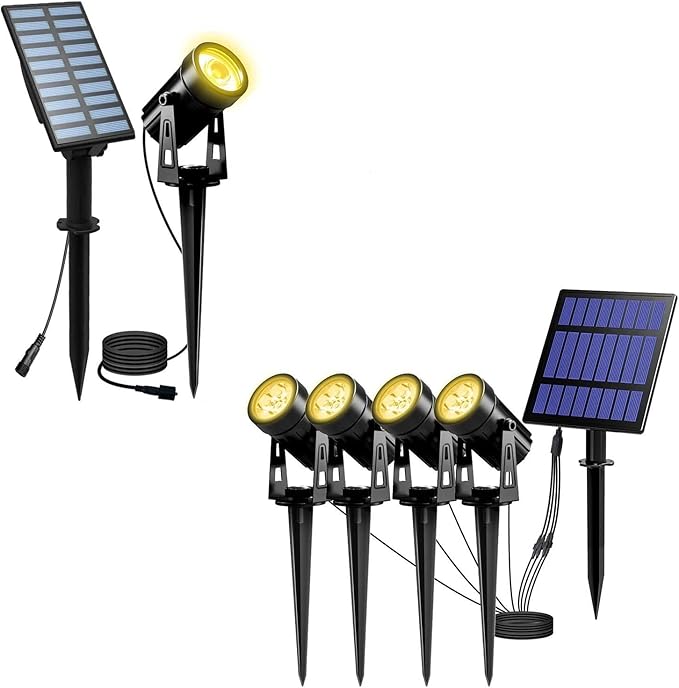 T-SUN Solar Spotlights Waterproof Auto Turn ON/Off Solar Lights with 1 &amp 4 Headlights for Garden Yard Driveway Pool Area (Warm White-3000K)