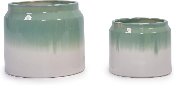 Handmade Ceramic Planter Set of 2 8.5 6 Diameter Green White Ombre Glaze for Aquatic Plants IndoorOutdoor Shelf Table Use Non Porous Breathable Clay