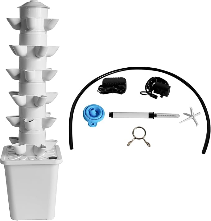30 Plant Hydroponic Growing System Kit - Indoor Outdoor Smart Garden Tower with Silent Water Pump Soilless Vertical Design for Vegetables Herbs &amp Fruits Space Saving White