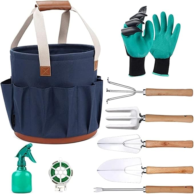 Garden Tool Set 9 Pieces Heavy Duty Stainless Steel Hand Tools with Bucket Bag Gloves is The Best Choice for Gift Giving