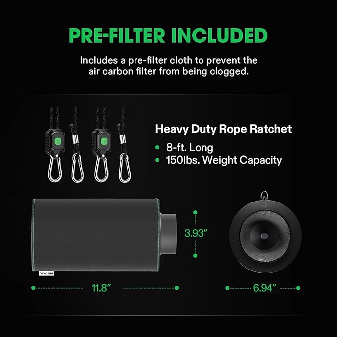 VIVOSUN 4 Inch Air Carbon Filter Smelliness Control with Australia Virgin Charcoal for Inline Fan Grow Tent Smelliness Scrubber Pre-Filter Included Reversible Flange 4 x 12 Black