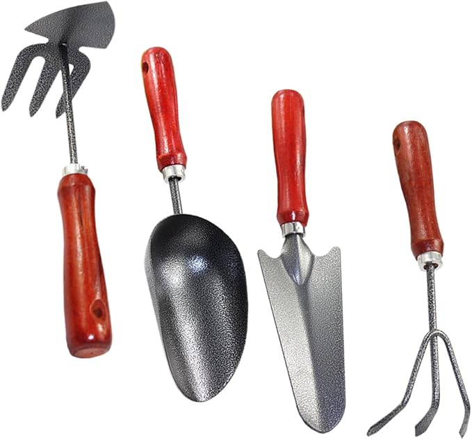 BESTonZON Garden Tool Set 4pcs Mini Spade and Hand Trowel with Narrow Extended Shovel Three-Prong Rake Dual-Purpose Hoe for Planting and Digging in Small Gardens