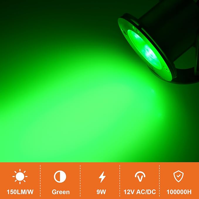 9W LED Underwater Lights Low Voltage 12V AC/DC Architectual Grade Light Fixture Stainless Steel with Green Lighting Suitable for Pond Fountain Landscape Lighting Projects