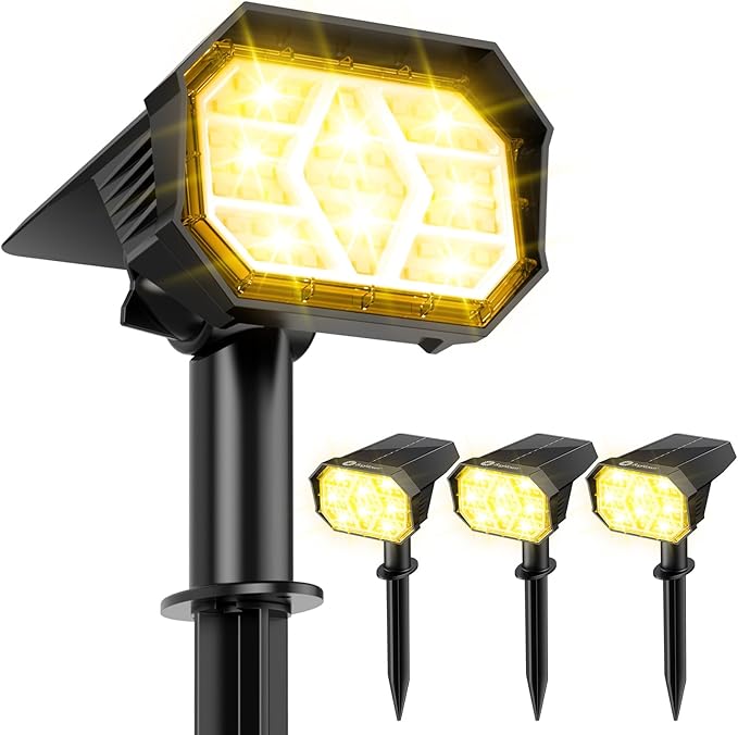 Brightown Solar Lights Outdoor with 58 LED &amp Auto ON/Off IP67 Solar Spot Lights Outdoor with 3 Light Intensities. 2-in-1 Outdoor Solar Lights for Yard Gardens Flag and Pathways. 4Pcs (Warm Whit