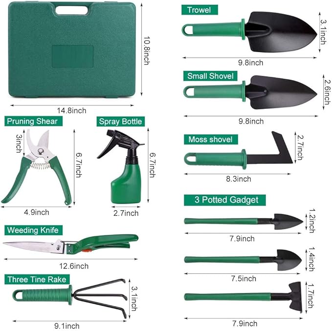 Garden Tool Set 10 Pcs Stainless Steel Garden Tool Kit with Organizer Case - Heavy Duty Gardening Set Including Pruning Rakes Shovels Sprayers Weeding Scissors Potted Plant Props and More