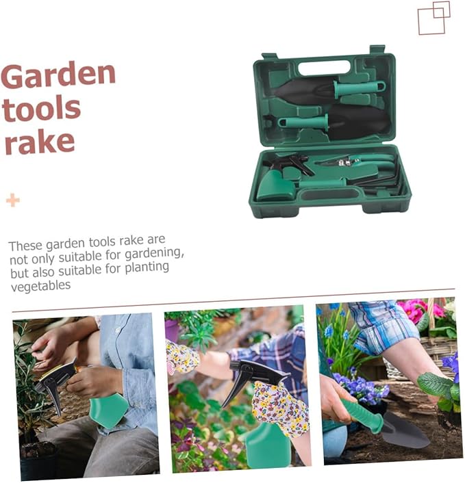 HEMOTON Garden Tool Set with Stainless Steel Shovel Rake Pruner 5pcs Portable Hand Tools for Outdoor Planting and Flower Gardening with Carry Case