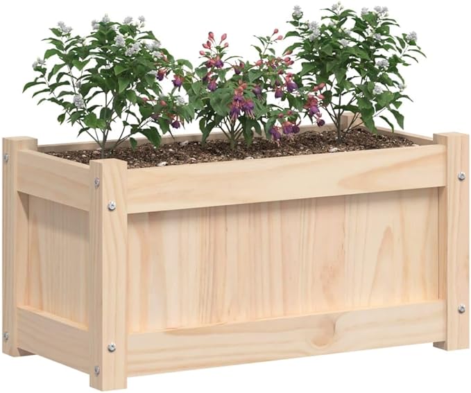 Garden Planter Set of 2 Natural Solid Pine Wood Rectangular Outdoor Raised Garden Bed for Flowers Herbs Vegetables 23.6x23.6x12.2 inch Capacity