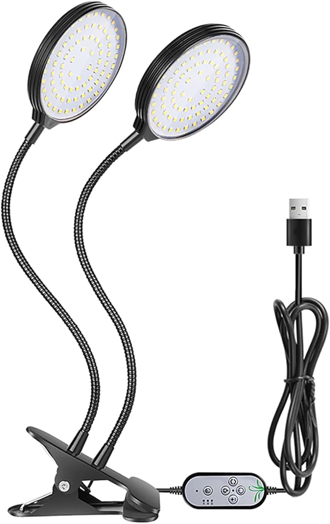 USB Plant Grow Light 234 LEDs Full Sunlight with 5 Adjustable Brightness Levels 3 Heads Black Desktop Clamp Lamp - Timer Controlled 360° Flexible Ideal for Indoor Plants and (2 Heads)