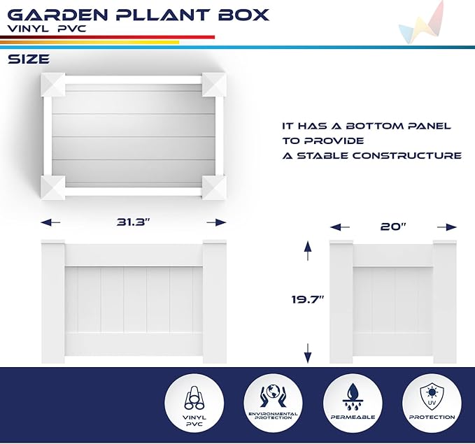 Windscreen4less 3 PCS 31x20x20 Vinyl Raised Bed White Planter Box for Patio Balcony Deck Vegetables Herbs and Succulents Outdoor Indoor