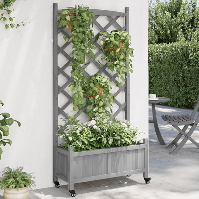 Rustic Grey Raised Garden Planter Box on Wheels 62 Tall Wooden Elevated Planter with Trellis for Patio Balcony Outdoor Herb Flower Bed