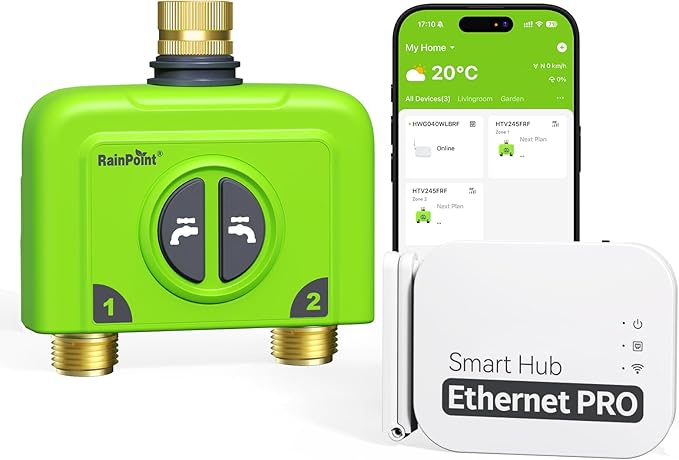 RAINPOINT WiFi Water Timer for Garden Hose 2 Zone WiFi Sprinkler Controller Smart Hose Timer Valve Automatic Drip Irrigation System/Rain Delay for Garden (Brass Inlet &amp Outlet Ethernet Gateway