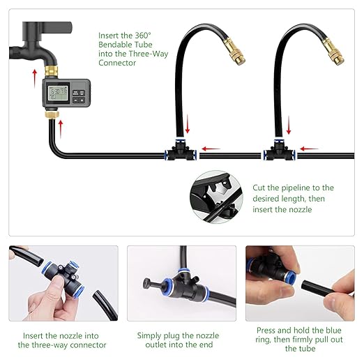 60Ft Drip Irrigation System with Smart Water Timer – Automatic Garden Watering Kit with Solid Brass Metal Connectors 360° Adjustable Nozzles &amp Bendable Tubing for Garden Greenhouse &amp Lawn
