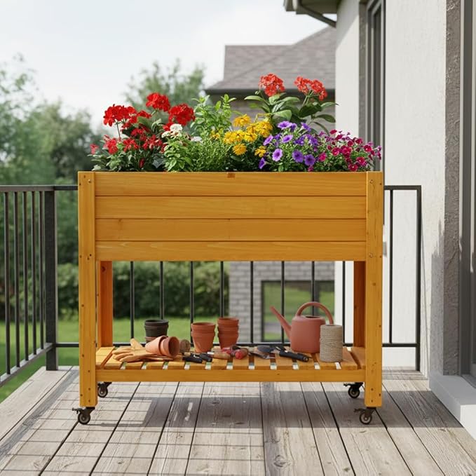FORTUNO Raised Garden Bed with Wheels 48x24x33 Large Wood Planter Box with Legs Outdoor Mobile Wooden Elevated Raised Beds for Vegetable Flower Standing Gardening Box with Liner for Patio Deck