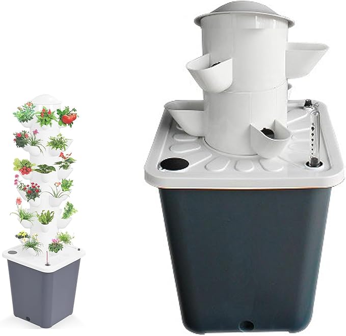 Hydroponics Tower Garden | 2/3/4/5/6 Layers Aeroponic Vertical Tower | Indoor Herb Garden Kit | with Hydrating Pump Adapter Net Pots Timer for Herbs Fruits and Vegetables (Grey 15 Holes)