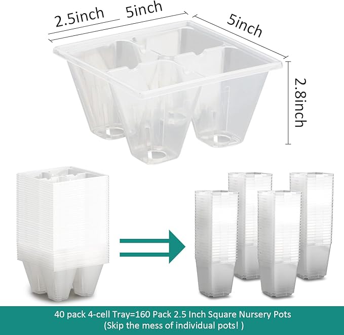 40 Pack Reusable 4-Cell Seed Starter Trays with Large Drainage Holes - Clear Transparent Trays for Root Growth Monitoring Avoids Overwatering Easy Transplant Fits Standard 1020 Trays
