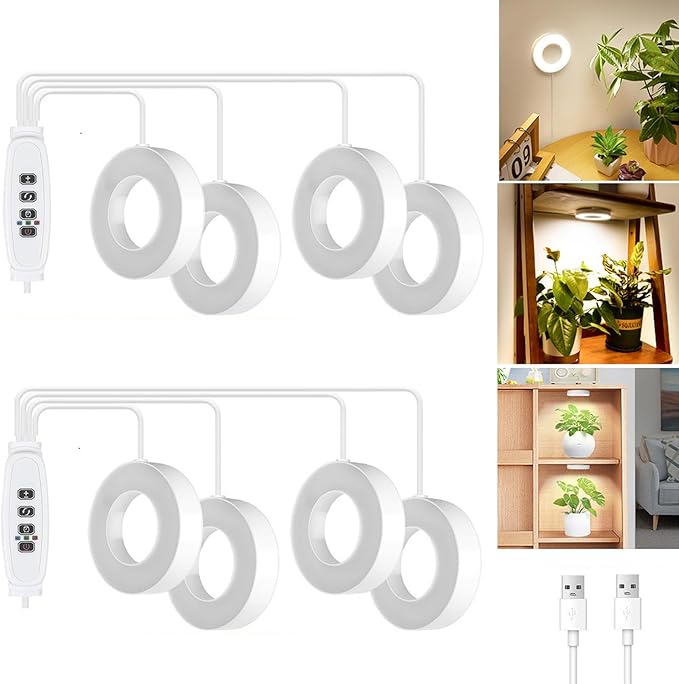 Banax 2 Pack LED Grow Light for Indoor Plants 144 LEDs Four-Head Ring Design 5V/2A 10 Brightness Levels 3/9/12H Timer Ideal for Herbs Succulents &amp Seedlings（White）