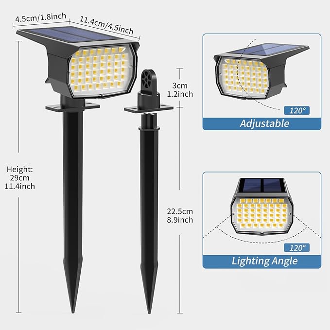 Solar Spot Lights Outdoor Waterproof IP65 12 Pack Landscape Spotlights with 46 LEDs 3 Modes Auto On/Off Solar Powered Flood Lights for Outside Pathway Yard Garden Walkway (Warm White)