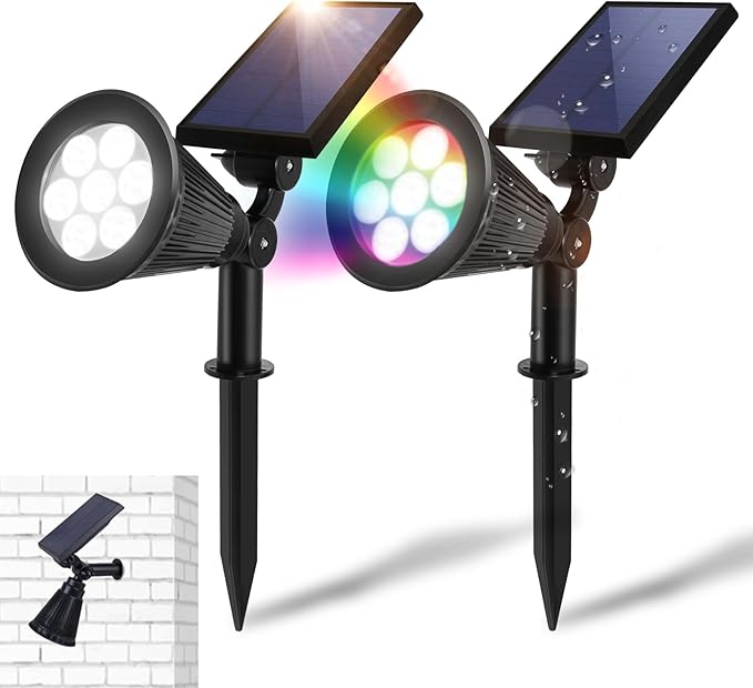 Solar Landscape Spotlights Outdoor Bright 7-LED Solar Lights Dusk-to-Dawn Waterproof Solar Powered Flag Pole Lights Adjustable 2-in-1 Outdoor Wall Light for Tree House Yard Garden (Multi+White)