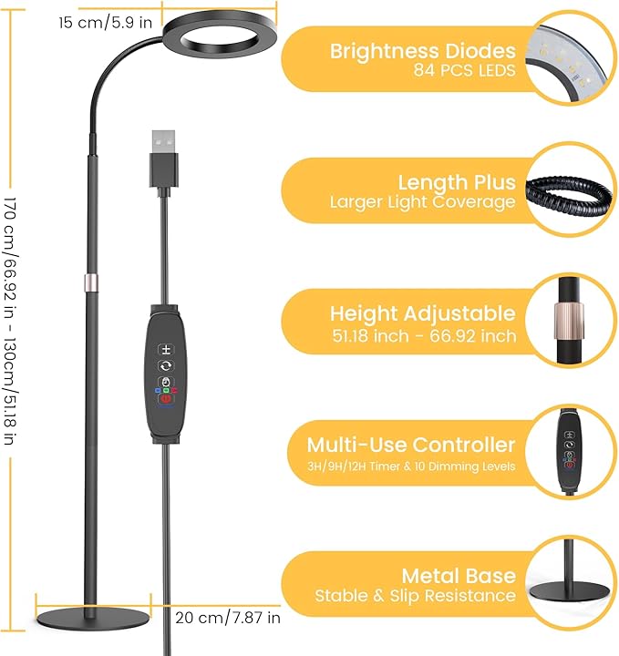 Grow Light Plant Light for Indoor Plants Full Spectrum Grow Lamp with Pedestal Stand Automatic Timer for 3H/9H/12H 10 Dimmable Levels Height Adjustable 51-67in Black