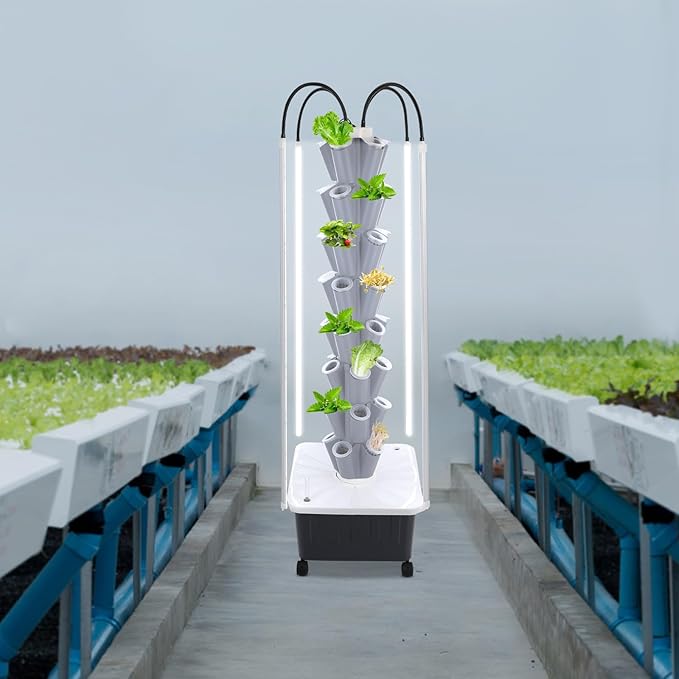 Hydroponic Growing System with Grow Lights 8 Layers Indoor Gardening System Vertical Planter Tower with 40 Pots for Vegetables Herbs (Grey)